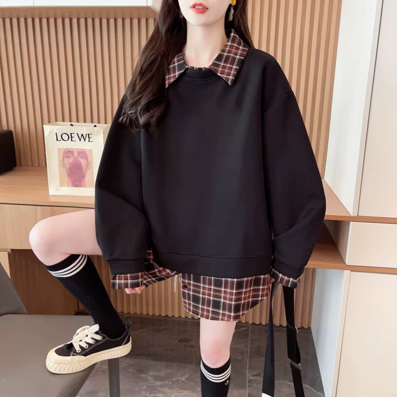 Трансграничные поддельные две толстовки для женщин весной и осенью тонкий свободный большой размер 300 кг жирный мм рубашка поло для женщин оптом