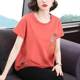 Cotton Short-sleeved T-shirt Women's Round Neck Embroidered 2025 New Arrival Fashionable Summer Korean-style Loose Mother's Outer Belly Covering Top