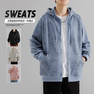 Heavy Suede Sweater Men's Spring and Autumn Fashion Brand Cardigan American Hooded Top Men's Loose Sports Jacket