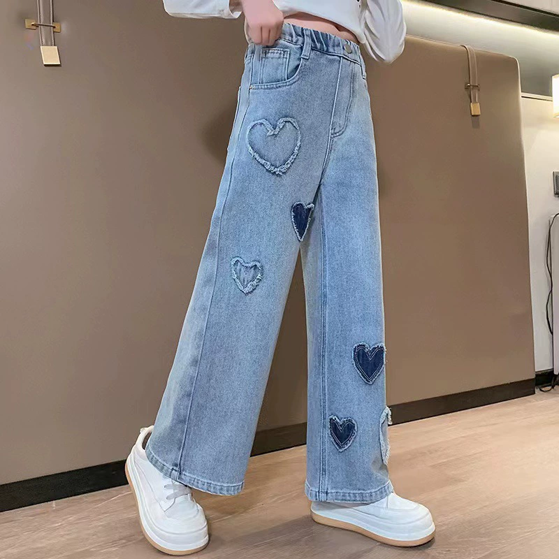 Girls Denim Wide-Leg Pants, Heart Patch & Frayed Hem, Elastic Waist — Spring/Autumn