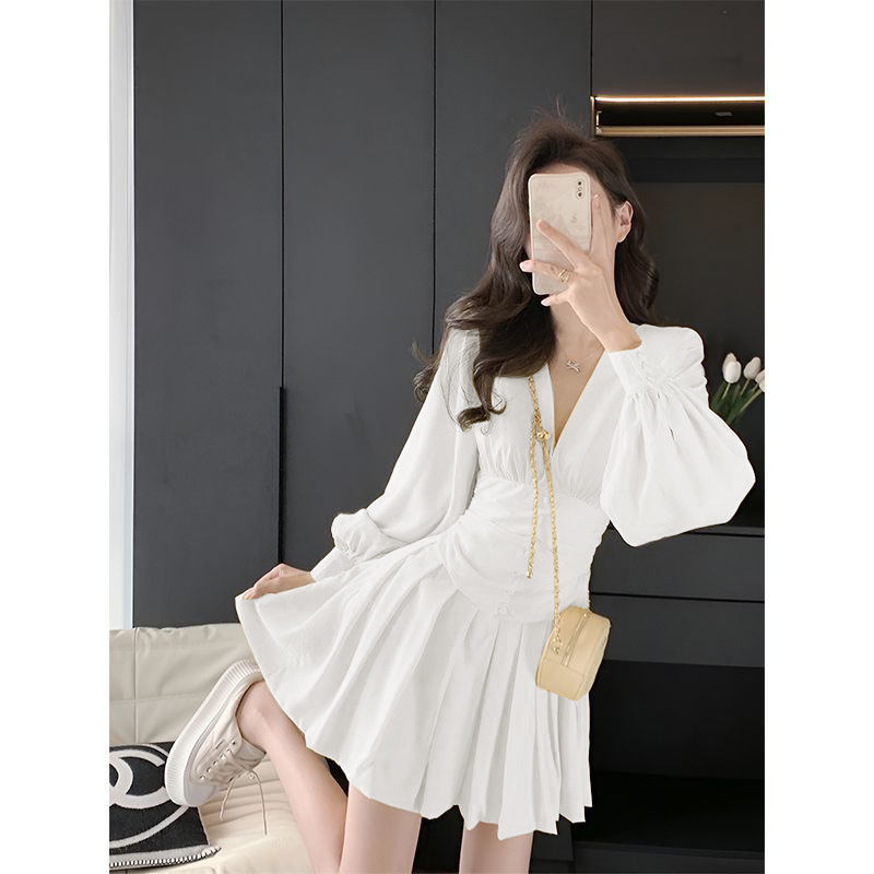 Women's Chiffon V-Neck Lantern Sleeve Mini Dress