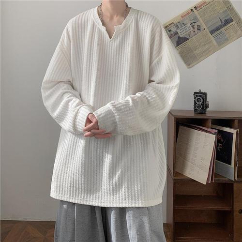 Texture V-neck long-sleeve T-shirt for men, spring and autumn, trendy brand, loose and heavy-duty top, cool and stylish, high-end feel, inner layer and base shirt