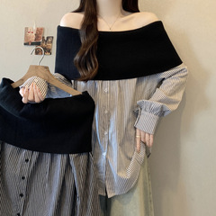 大码设计感小众一字条纹拼接衬衫女秋季新款韩版宽松气质衬衣上衣