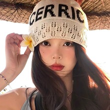 薄款字母包头帽女夏ins韩版百搭显脸小套头帽镂空大头围针织帽子