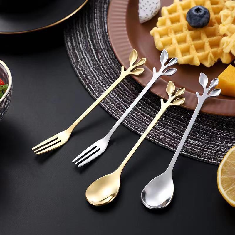Creative stainless steel leaf spoon fork mooncake knife and fork coffee stirring spoon dessert spoon fruit fork spoon bird's nest spoon
