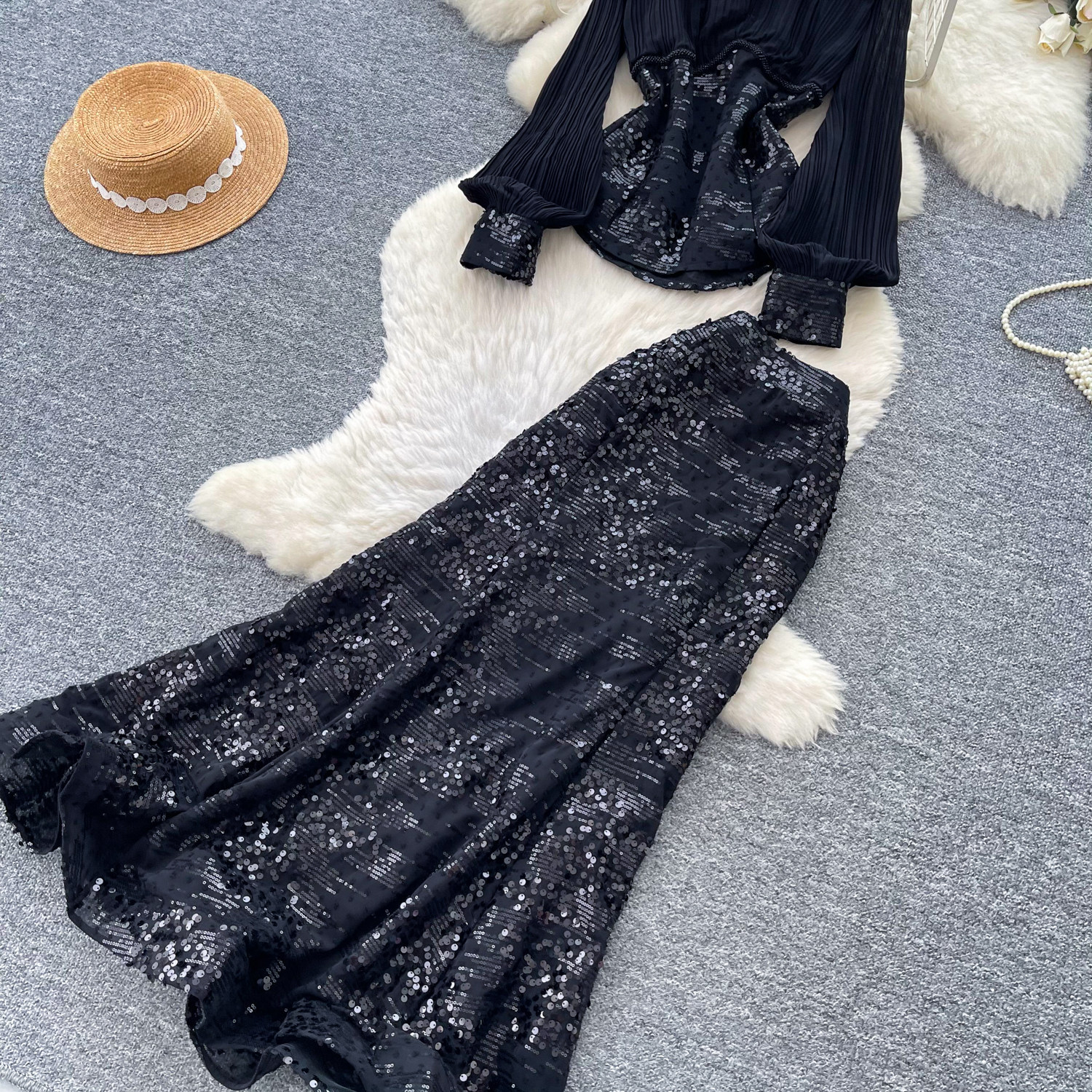 Women's French Style Sequined Mesh Pleated Two Piece Set With Fitted Waist Elegant Sophisticated Look For Spring Autumn_ecoleips.com