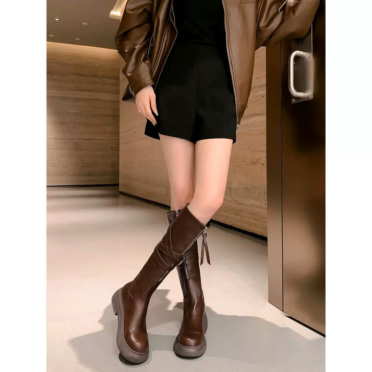 Leather high boots platform, belt, buckle, genuine leather