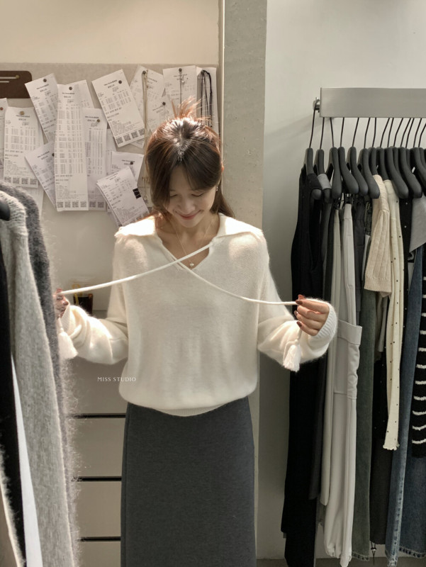 【MISS密思家】须边澳羊毛浣熊绒翻领系带针织衫（含33%澳毛）861|undefined