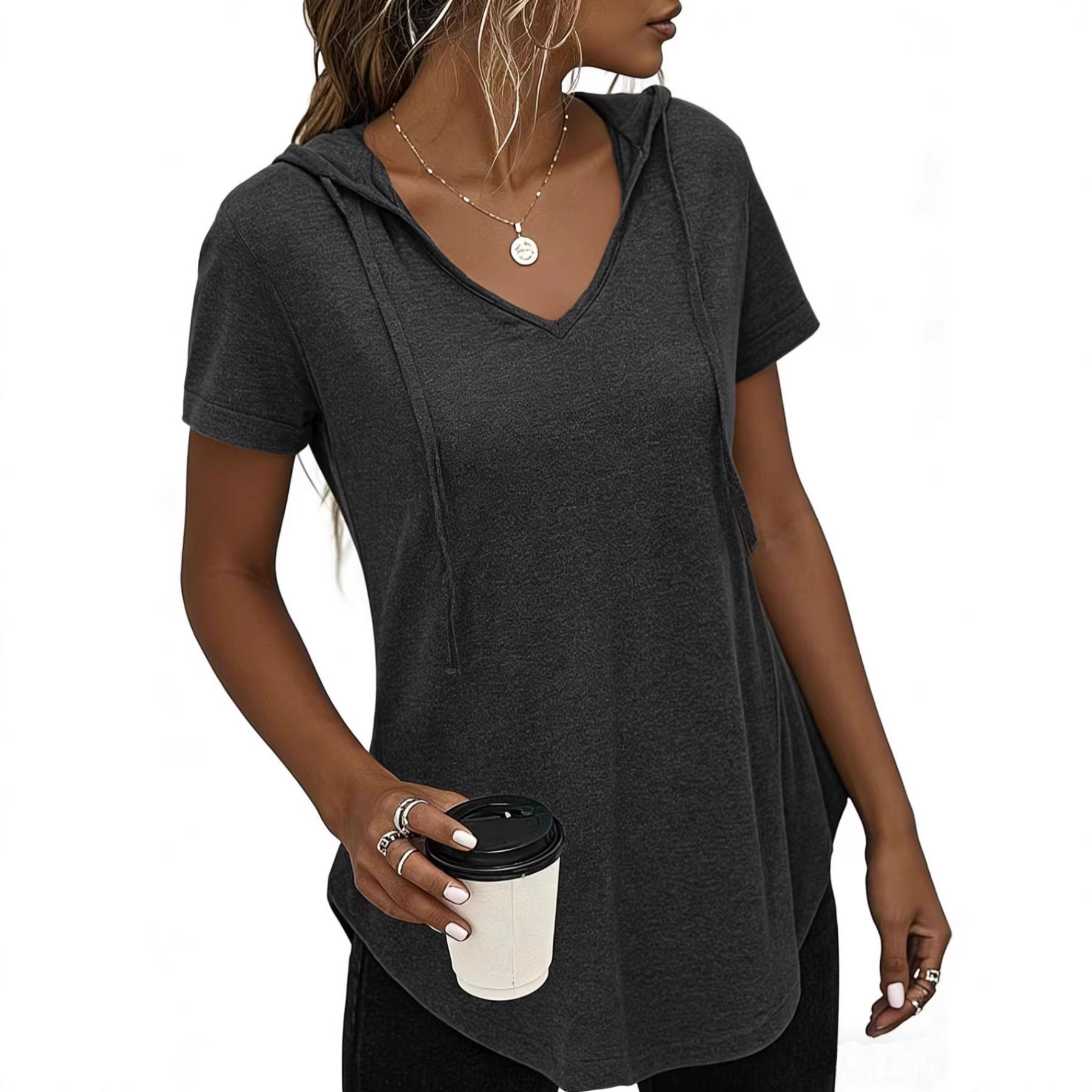 2026 Spring And Summer European And American Maternity Wear New Foreign Trade Fashion Break V-neck Hooded Women's Top T-shirt_ecoleips.com