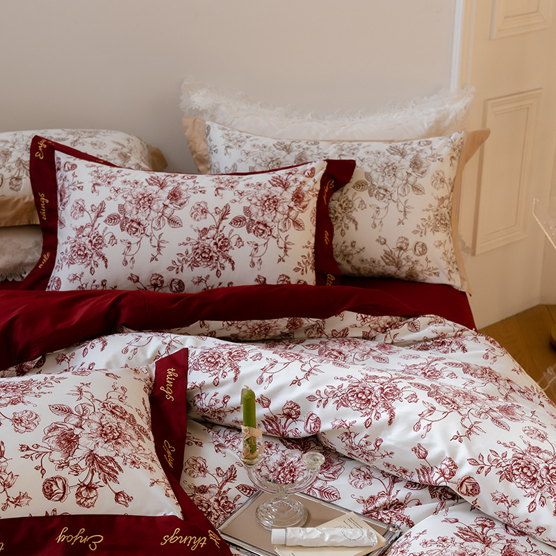 Nordic French Vintage Boho French Vintage Style 100-count Long-staple Cotton Four-piece Bedding Set, All-cotton, Pure Cotton, Printed,_voghion.com