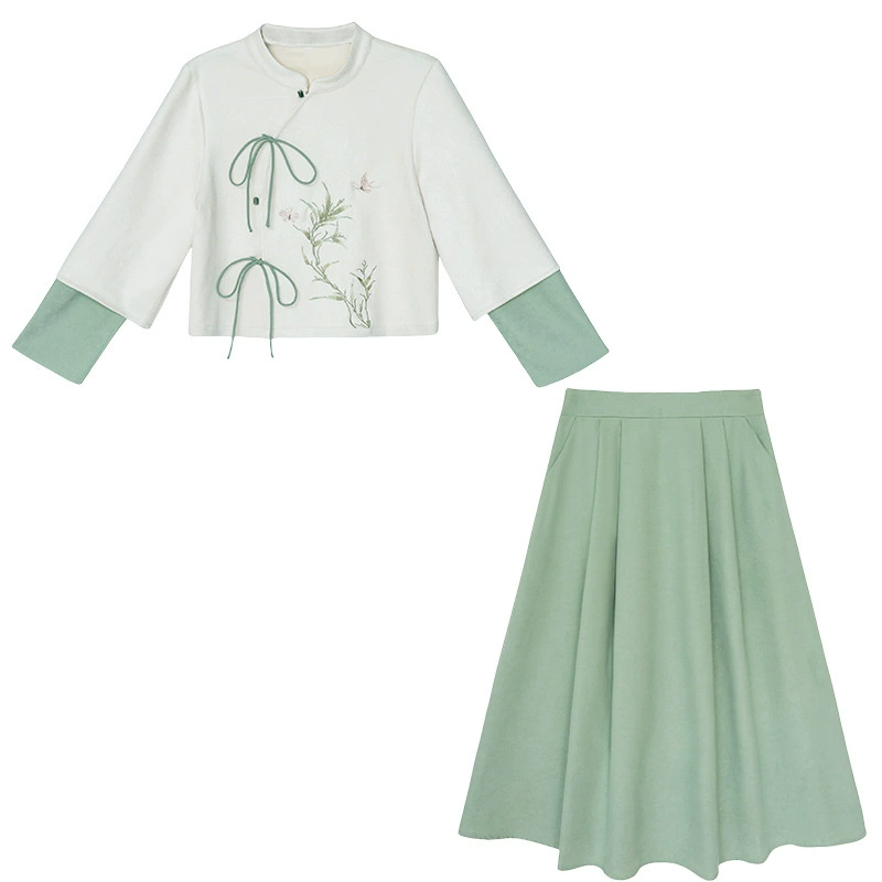 Ethnic long-sleeve, skirt, set, Chinese style, ethnic style, with embroidery