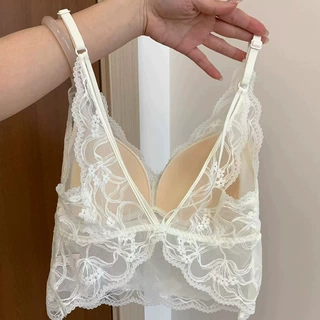 无钢圈花纹细腻精致蕾丝V领小吊带性感立体蝴蝶固定杯美背
