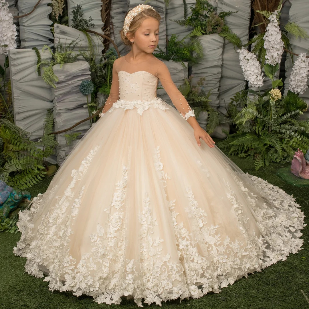 Girls' French Lace Dress With Short Train Wedding Flower Long Dress Available In Multiple Colors Casual Polyester【Pre-sale | Ships In 15 Days】_voghion.com