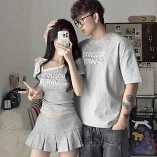 Couple's Short-Sleeved T-Shirt 2025 New Summer Style One Long and One Short One-Shoulder Off-Shoulder Top Pure Lust Suit