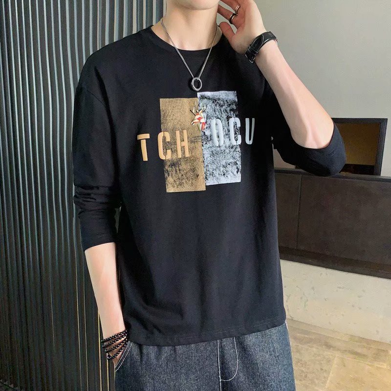 Los hombres de manga larga Camiseta cuello redondo juventud de los hombres pullover moda impresa desgaste exterior camisa de fondo delgada ropa de otoño