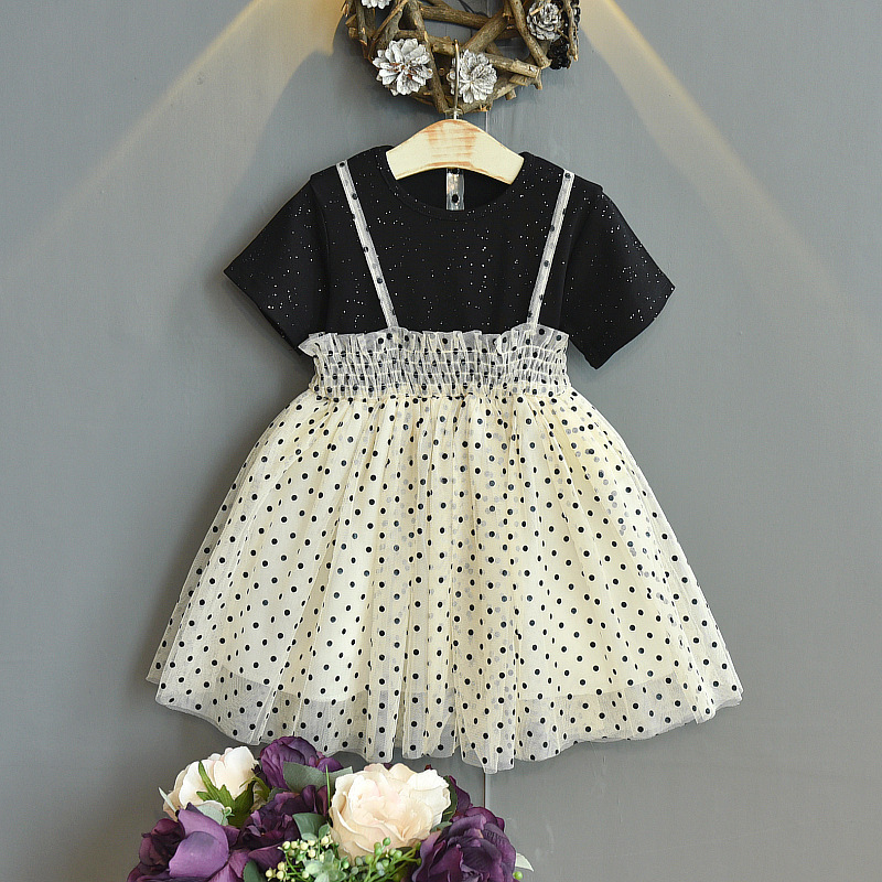 21 Summer New Girl Dress Korean Girl Baby Fashion Star Stitching Mesh Fake Two Piece Dress