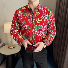 春秋男装长袖翻领时尚印花中国风大花衬衫潮男士休闲个性花色衬衣