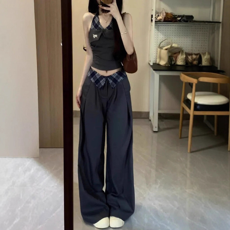 夏日绝美套装穿搭女夏季2025新款辣妹高级感挂脖背心阔腿裤两件套|undefined