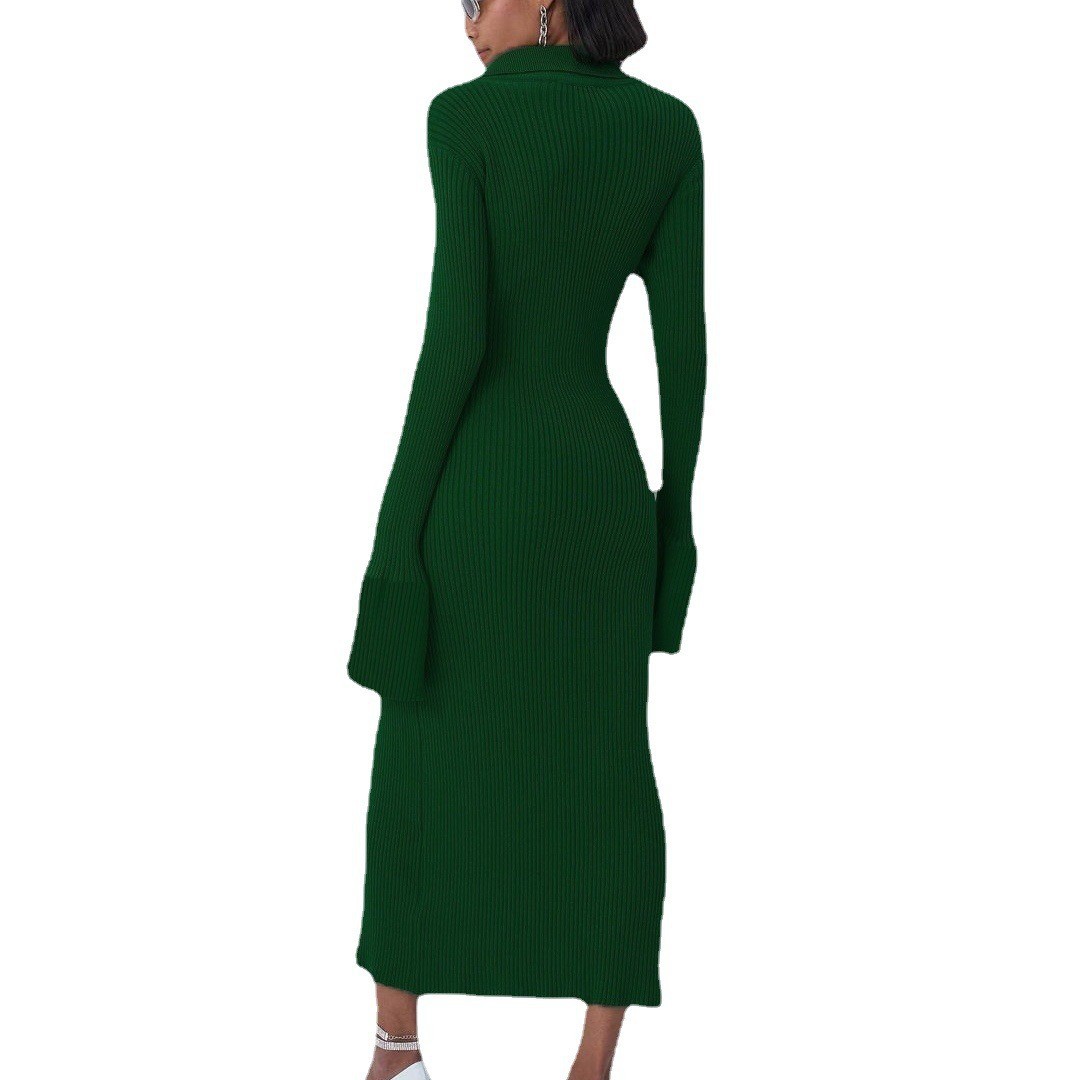 크로스 보더 드레스 유럽과 미국의 대외 무역 새로운 긴팔 옷깃 가디건 긴 버튼 다운 트럼펫 슬리브 ??핏 스트립 스웨터 롱 스커트