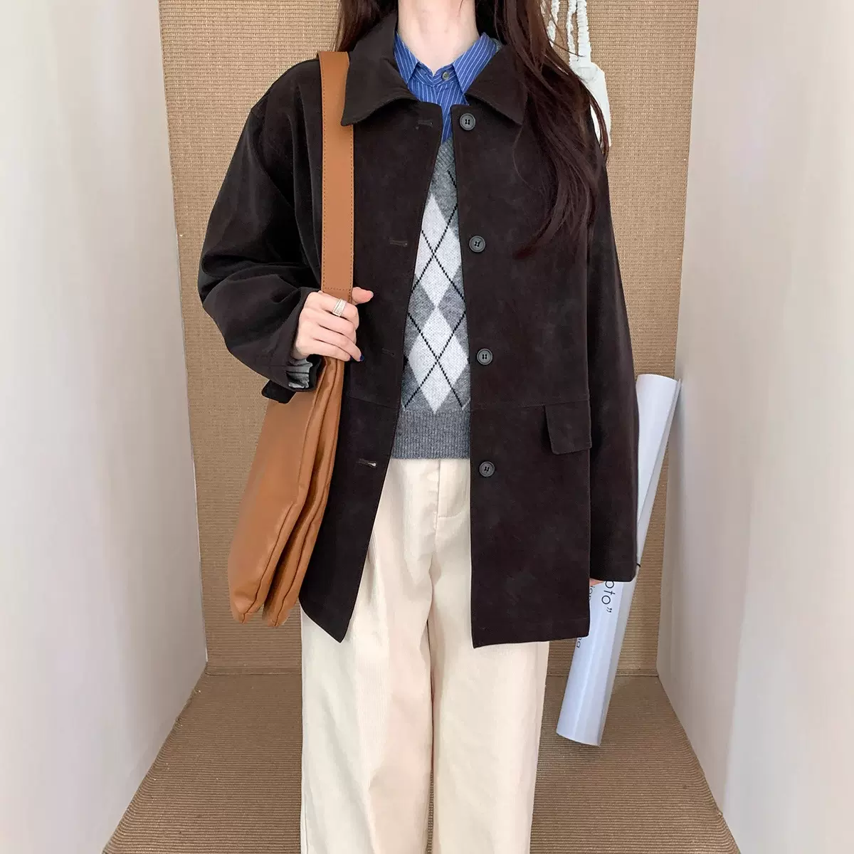 美拉德复古工装风廓形中长款风衣女秋季新款韩系宽松翻领夹克外套