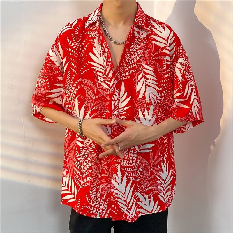 Thai Floral Short-Sleeved Shirt Seaside National Trend Casual Cuban Collar Beach Flower Shirt Men's and Women's Youth Shirt
