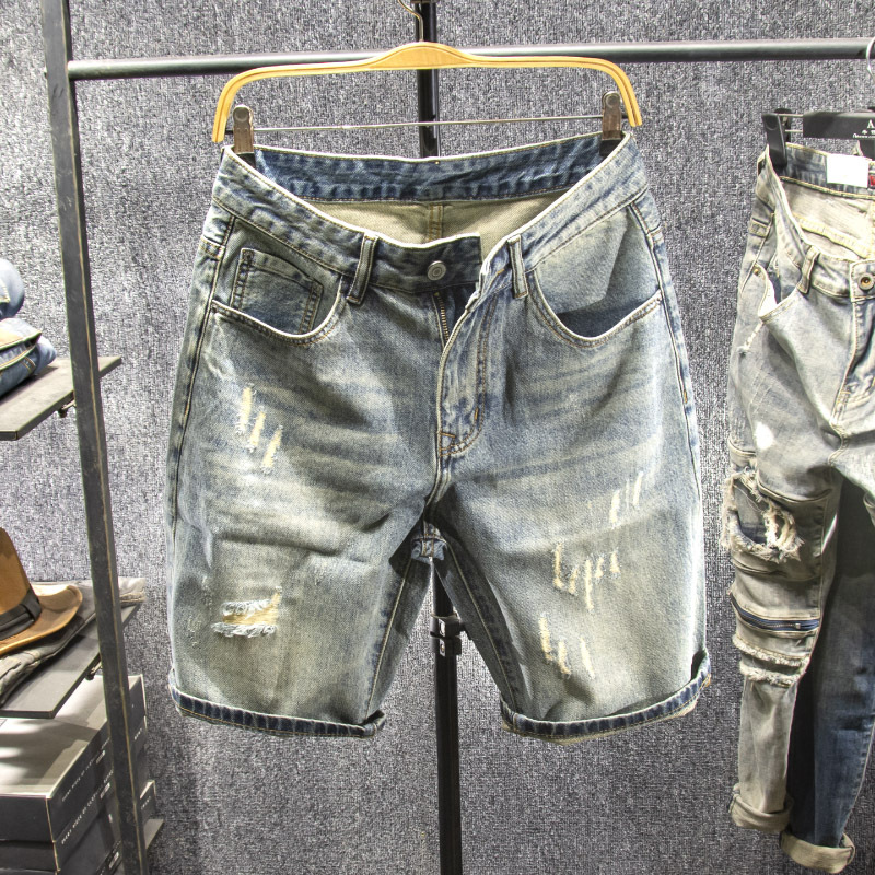 Men's High Street Ripped Denim Shorts Stylish Mid-Length Loose Fitting Straight Leg Casual Patched Five Point Pants_mkmklike.com