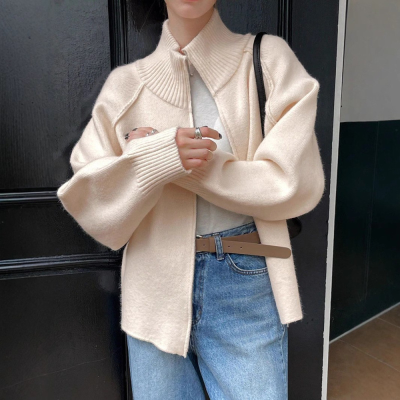 韓国スタンドカラージッパーセータージャケット女性のための 2025 秋と冬の新しい怠惰なスタイルルーズ肥厚ニットカーディガントップ|undefined