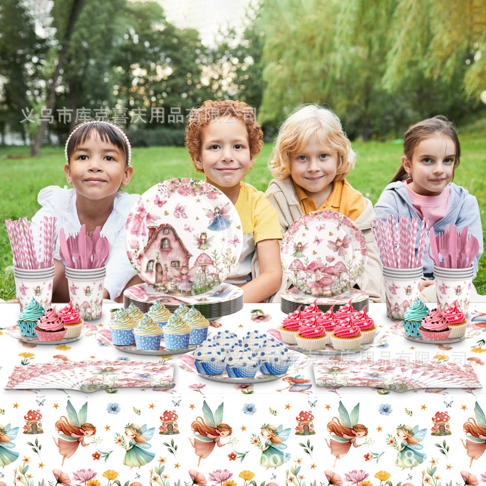 Nueva primavera flores hadas fiesta bandeja de papel desechable tazas de papel toallas de mesa cubiertos decoración de fiesta de cumpleaños para niños