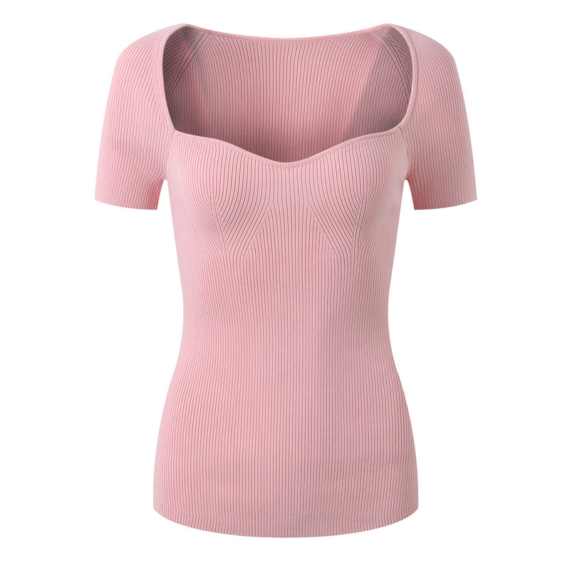 2025 Early Spring Pink Gentle and Youthful Square-Neck Short-Sleeve Slim-Fit Slimming Knit T-Shirt Base Layer Top 2025 Early Spring Pink Gentle and Youthful Square-Neck Short-Sleeve Slim-Fit Slimming Knit T-Shirt Base Layer Top