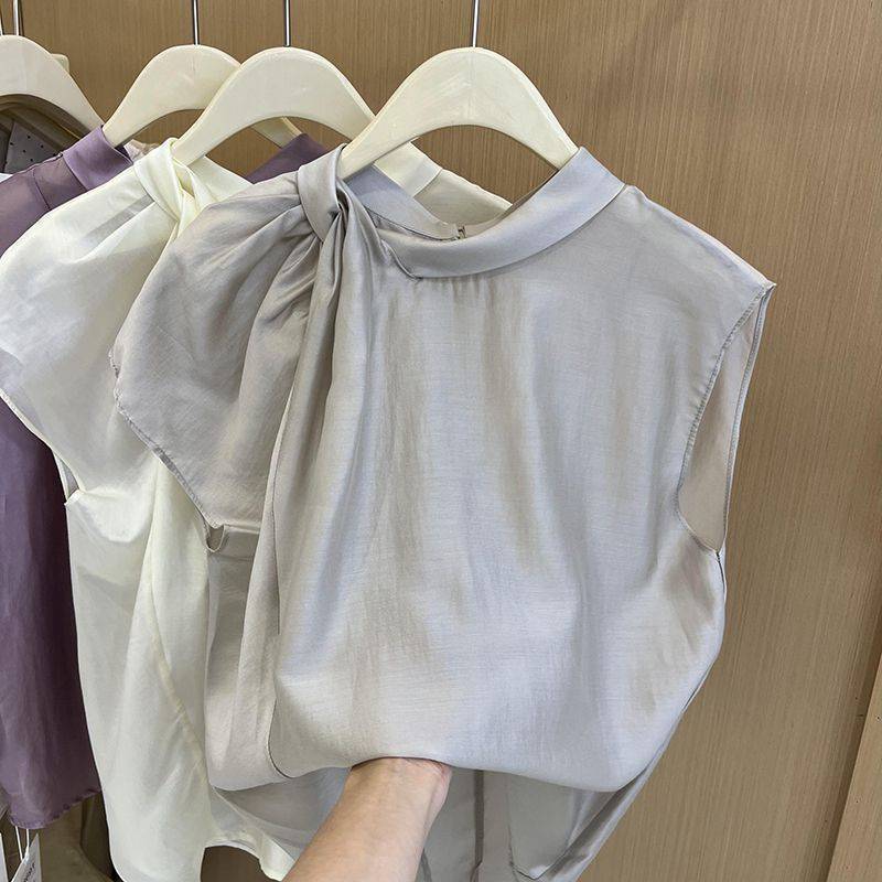 法式打结醋酸无袖衬衫女夏新款2025设计感褶皱小衫天丝小飞袖上衣|undefined