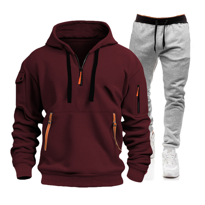 Burgundy + black waist light gray pants