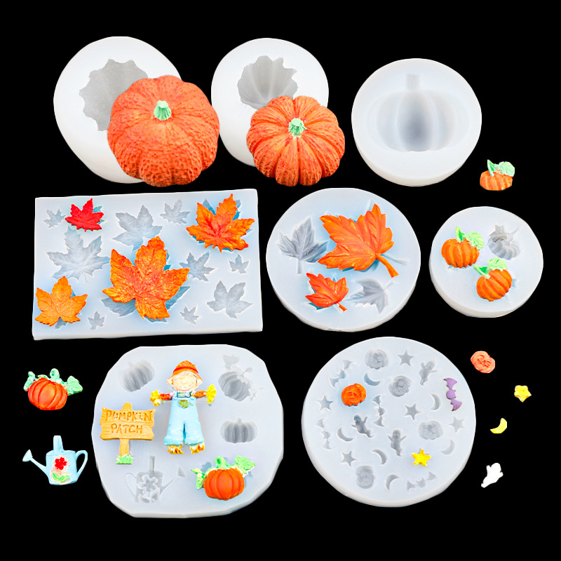 Conjunto de tema de Halloween Tridimensional calabaza hoja de arce molde de silicona espantapájaros pequeña calabaza chocolate decoración fondant