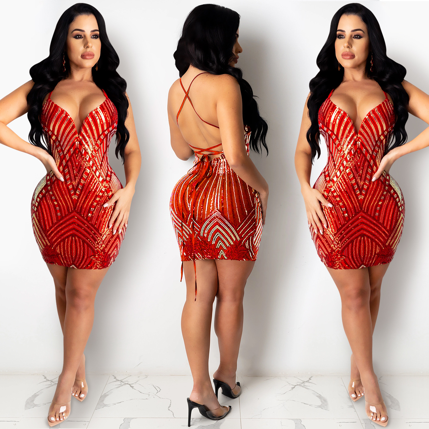 women's sequin suspenders V-neck dress nihaostyles clothing wholesale NSXYZ78221