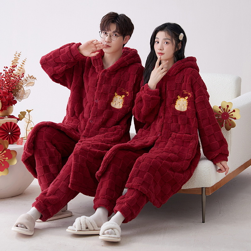 Pijama de casamiento de nuevo matrimonio conjunto de invierno pijama de lana de coral más lana gruesa ropa de hogar de franela