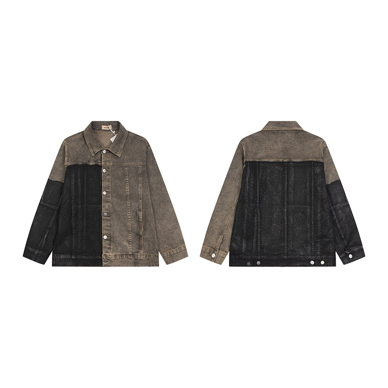 Abbigliamento maschile Giacca in denim retrò con colori a contrasto per uomo e donna, maniche lunghe, design con giunture, giacca alla moda di alta qualità, cardigan da coppia_voghion.com