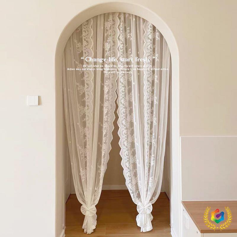No-Drill French Lace Sheer Curtain for Window Display, Bay Window Partition, Magic Tape Curtain for Balcony, Living Room, Rod-Mounted Door Curtain