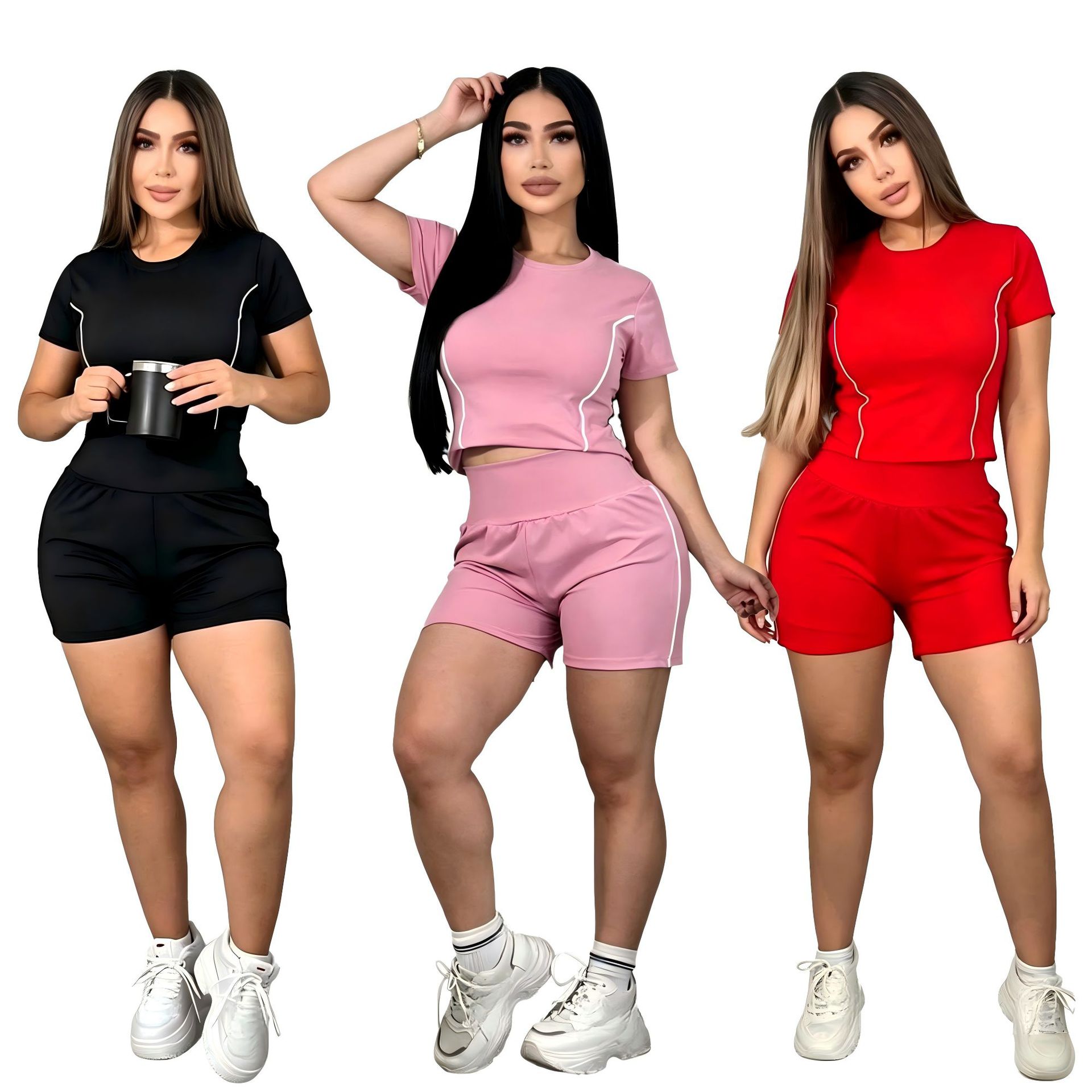 Comfortable Embroidered Slim-Fit Short-Sleeve Top With Distinctive Wide-Waistband Brand Logo Shorts Set. In Stock_ecoleips.com