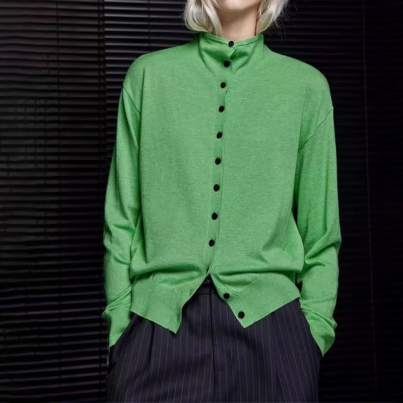 Spring and Autum New Loose Design Versatile Machine Washable Wool Cotton Half Turtleneck Long-Sleeved Knitted Cardigan Jacket for Women