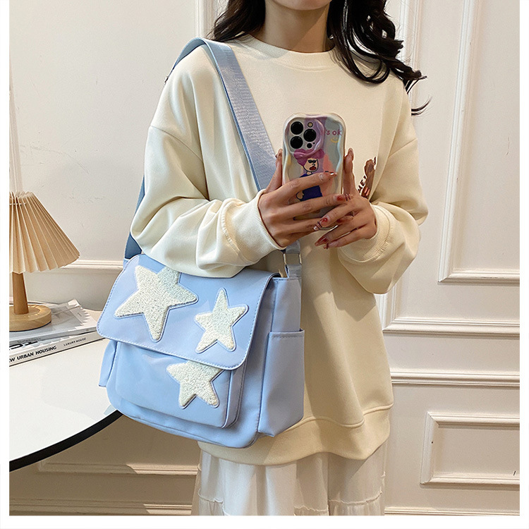 Cross-border wholesale large-capacity five-pointed star canvas single-shoulder bag, cute school style crossbody bag, student commuting bag for classes Specification drawing