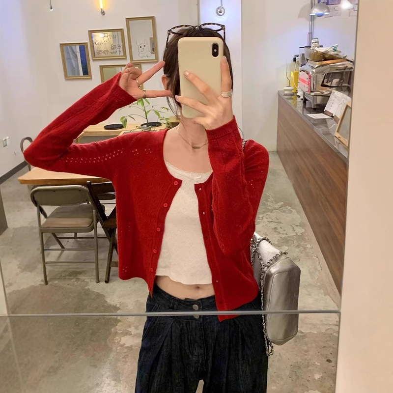 红色镂空短款针织开衫女2025夏季新款设计感薄款显瘦防晒长袖上衣|undefined