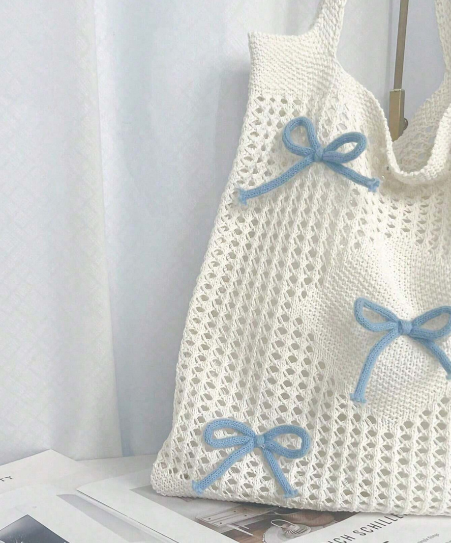 Cute, Preppy Style Style Women's Medium Polyester Bow Knot Cute Preppy Style Knitting Hollow Square Open Square Bag