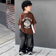 黑色泼墨四季水洗宽松男女童牛仔裤垂坠感拖地儿童服装阔腿直筒裤