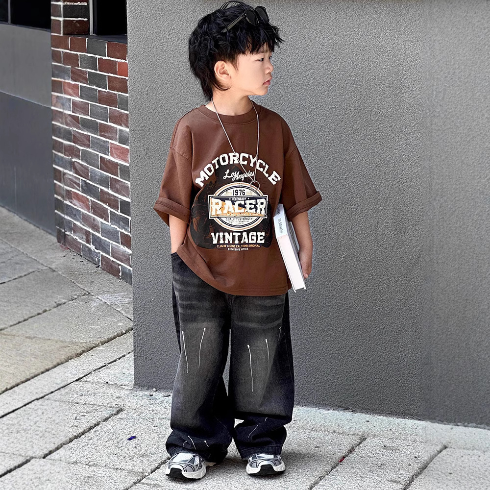 Black Splatter-Ink Four-Season Washable Loose Unisex Children's Jeans with a Draping Effect, Floor-Length Children's Clothing, Wide-Leg Straight Pants