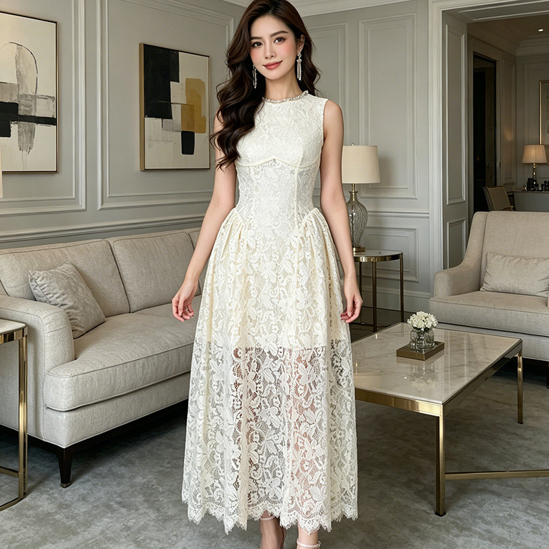 Đầm ren không tay cổ tròn thắt eo phong cách Pháp đính đá — màu mơ chi tiết 3