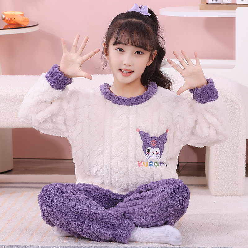 儿童珊瑚绒睡衣法兰绒秋冬季加绒加厚女童提花绒中大童家居服套装