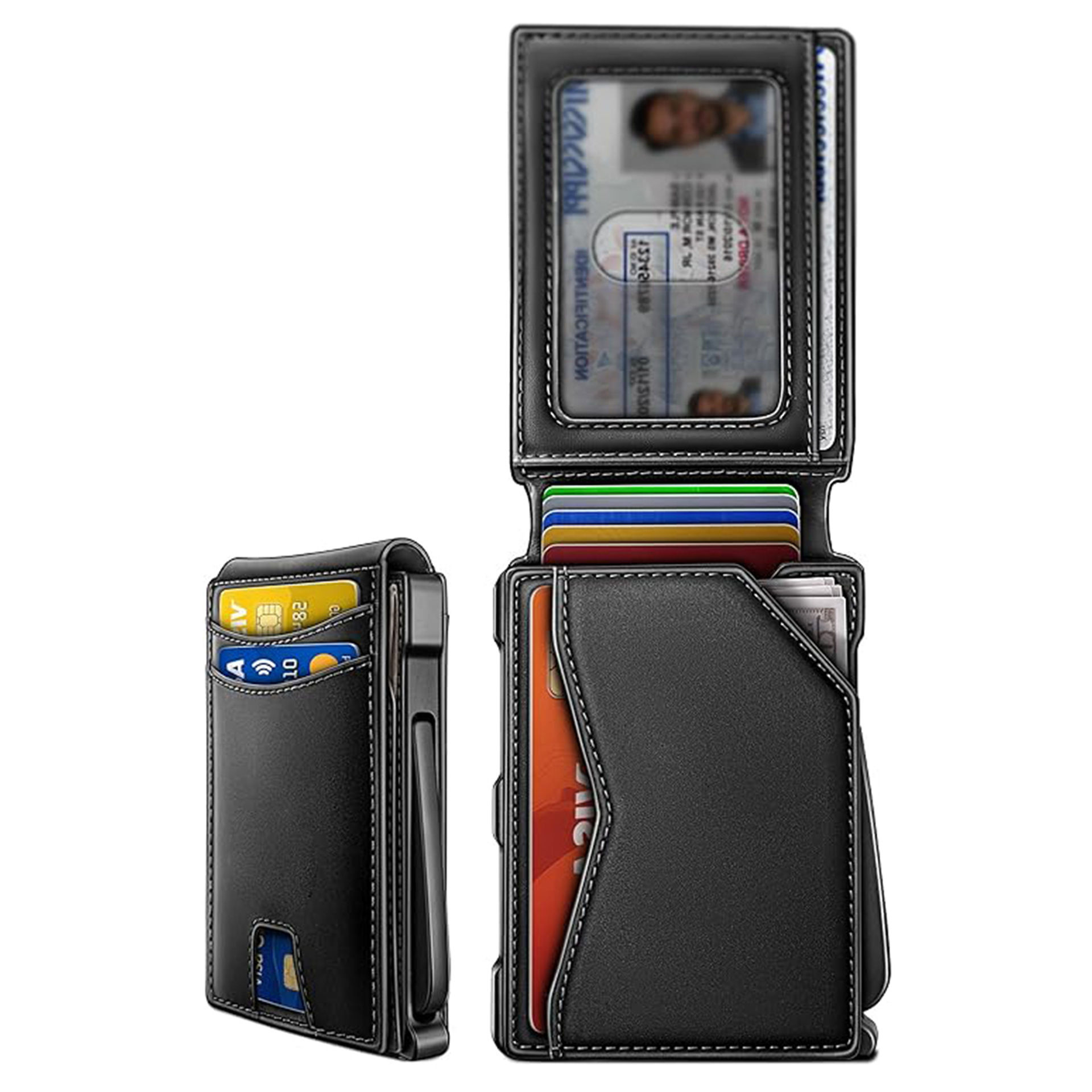 Amazon doble tapa de metal plegable RFID anti-robo multifuncional tarjeta abrazadera vertical y horizontal cartera de cuero de contraste