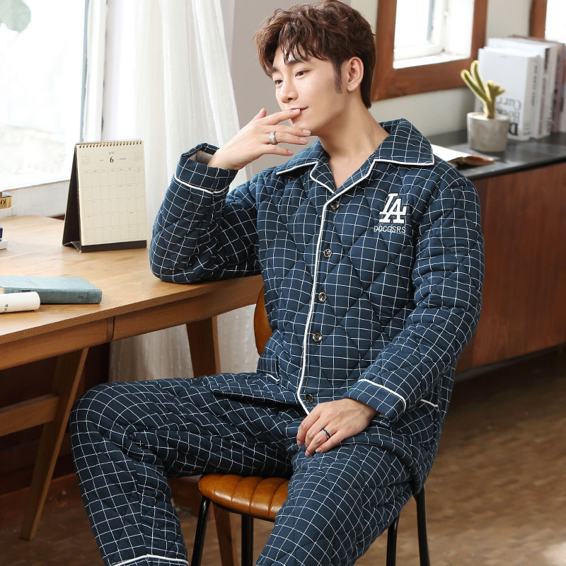 冬季款纯棉男士加大码三层加厚夹棉睡衣中老年全棉长袖棉袄家居服