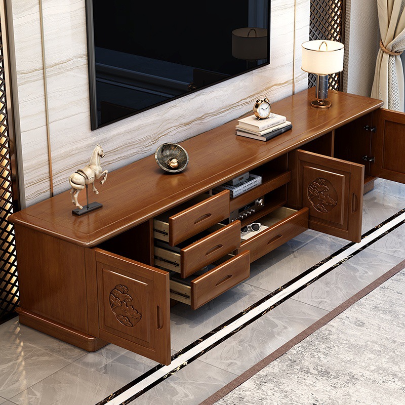 Modern Chinese style solid wood TV cabinet floor cabinet coffee table set small apartment living room background cabinet extendable storage integrated cabinet