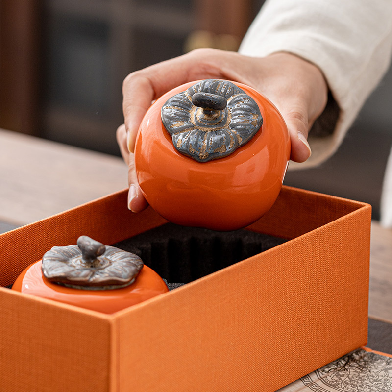 陶瓷柿子茶叶罐便携迷你密封罐创意事事如意普洱红茶绿茶礼品罐子