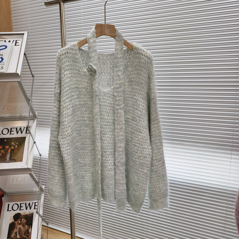 初秋の新しいレイジースパンコールモヘアセーター女性用+ホルターネックルーズスリム薄型中空セータートップ|undefined